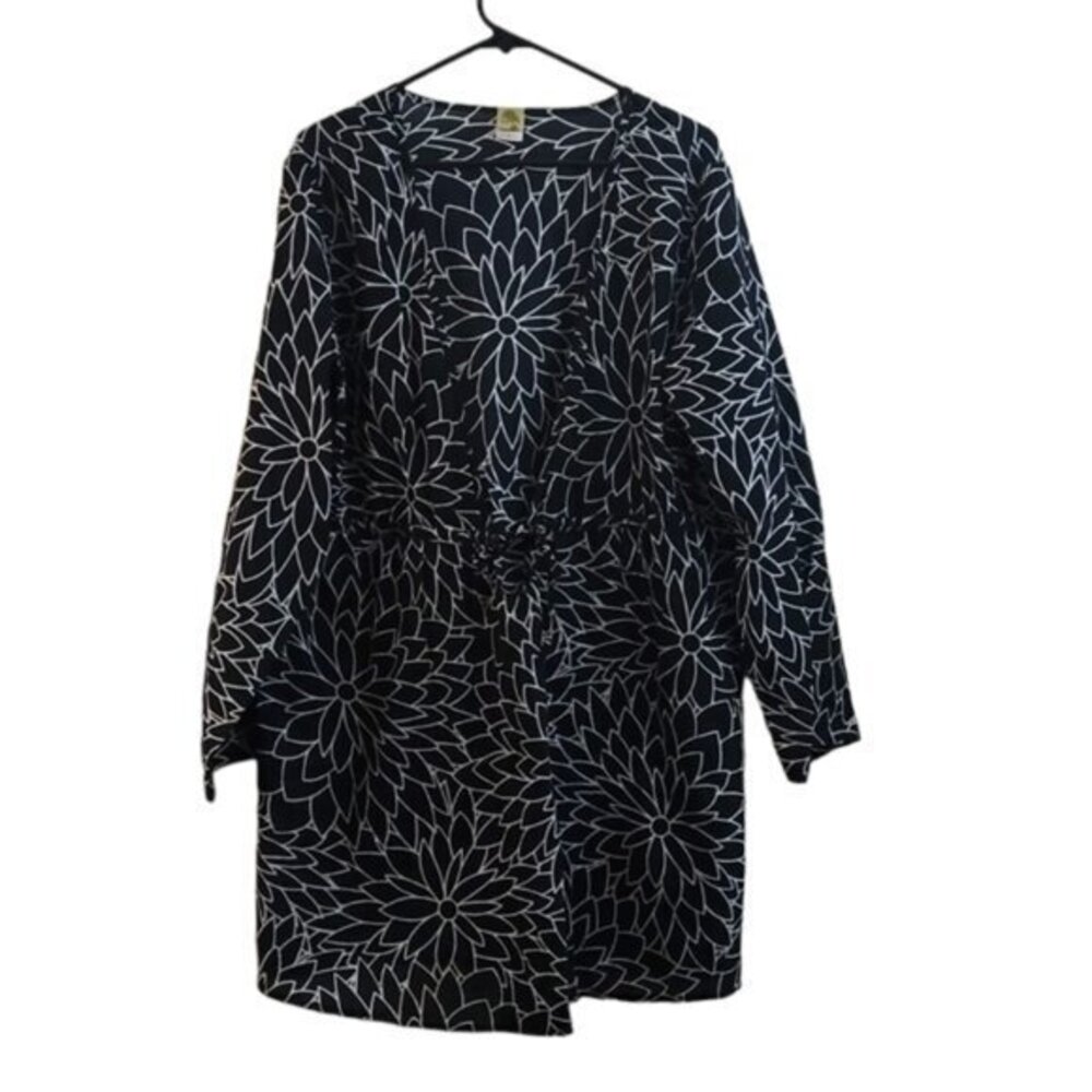 Islander Black White Floral Print Kimono Casual Beach Cover Up Size 1X EUC #1975